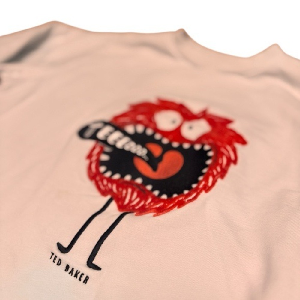 Ted Baker Cream Monster Graphic Sweatshirt Cotton Crewneck Embroidered Size 2 - Picture 8 of 15